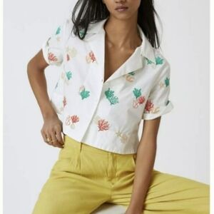 Anthropologie Maeve Oversized Cropped Embroidered Surf Top